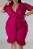 Rose Red Sexy Solid Patchwork Falten V-Ausschnitt Kurzarm Kleid Plus Size Kleider