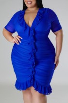 Vestido de manga curta azul sexy sólido patchwork com decote em V vestidos tamanho grande