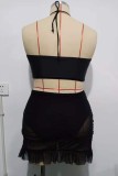 Черный сексуальный сплошной бандаж в стиле пэчворк с открытой спиной и лямкой на шее плюс размер купальники (с прокладками)