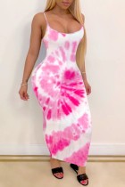 Pink Sexy Rainbow Print Tie Dye Backless Spaghetti Strap Long Cami Bodycon Maxi Dresses