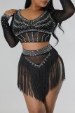 Black Sexy Patchwork Hot Drilling Tassel See-through O Neck Long Sleeve Two Pieces