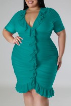 Green Sexy Solid Patchwork Fold V Neck Short Sleeve Dress Plus Size Dresses