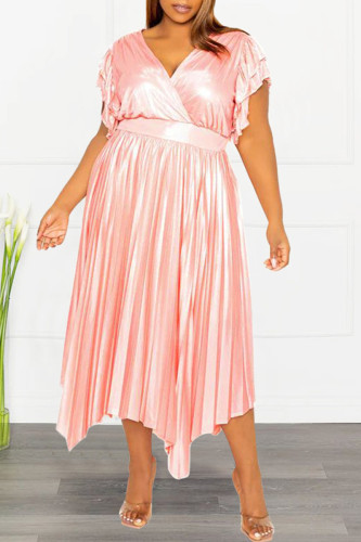 Pink Casual Solid Patchwork V Neck Pleated Plus Size Dresses