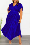 Vestidos plus size plissados ​​com decote em V liso casual azul