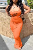 Vestidos saia de um degrau com estampa sexy laranja sem costas e fenda reta