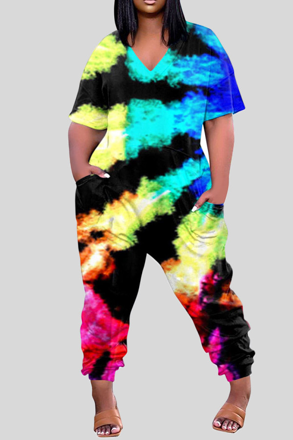 Kleur casual print patchwork V-hals losse jumpsuits