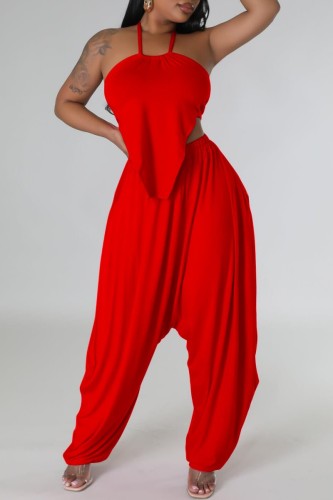 Red Sexy Solid Bandage Backless Halter Sleeveless Two Pieces