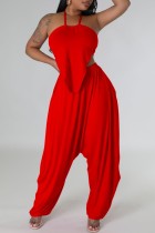 Rojo sexy sólido vendaje sin espalda halter sin mangas dos piezas