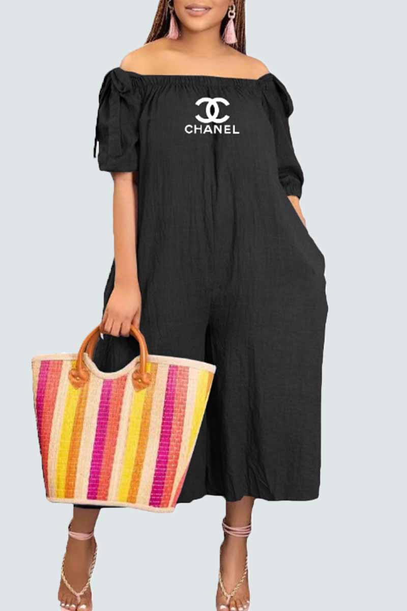 

Black Casual Print Letter Off the Shoulder Jumpsuits