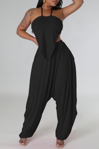 Black Sexy Solid Bandage Backless Halter Sleeveless Two Pieces