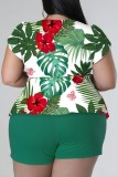 Green Casual Print Frenulum V Neck Plus Size Two Pieces
