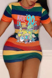 Multicolor Casual Print Basic O Neck Short Sleeve Dress