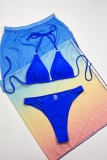 Blue Sexy Gradual Change Solid Bandage Backless Swimsuit Three Piece Set (With Paddings)