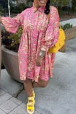 ピンク カジュアル プリント パッチワーク ターンダウン カラー ロング スリーブ ドレス