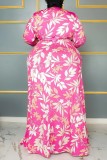 Pink Casual Print Frenulum V-Ausschnitt Langarm Kleider in Übergröße