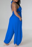 Blue Sexy Solid Bandage Backless Halter Sleeveless Two Pieces