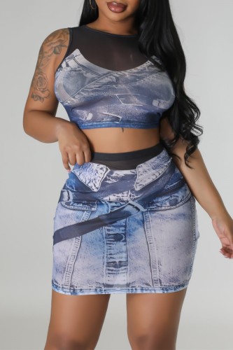 Blue Sexy Casual Print Patchwork O Neck Sleeveless Two Pieces