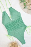Зеленый Сексуальный однотонный купальник с вырезом на спине и уздечкой (с прокладками)