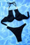 Zwarte Sexy Effen Uitgeholde Patchwork Frenulum Kettingen Backless Zwemkleding (Met Paddings)