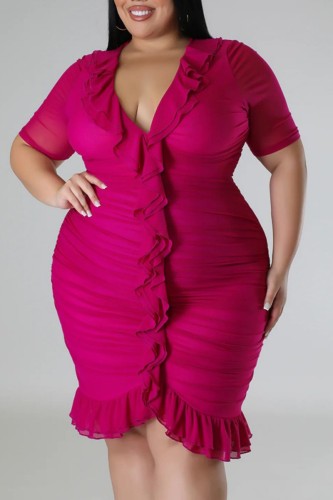 Rose Red Sexy Solid Patchwork Fold V Neck Short Sleeve Dress Plus Size Dresses