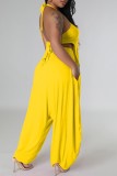 Yellow Sexy Solid Bandage Backless Halter Sleeveless Two Pieces