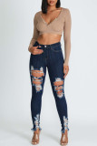 Jeans jeans skinny cintura alta casual sólido rasgado patchwork azul profundo