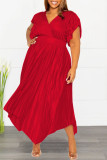 Röd Casual Solid Patchwork V-hals veckade klänningar i plusstorlek
