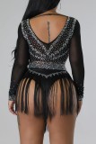 Blanc Sexy Patchwork Hot Drilling Tassel See-through O Neck Long Sleeve Two Pieces