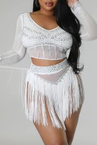White Sexy Patchwork See-through O Neck Long Sleeve Two Pieces Hot Drilling Tassel Crop Tops And Short Sets
