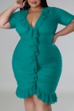 Vestido de manga corta con cuello en V y pliegues de patchwork sólido sexy verde Vestidos de talla grande