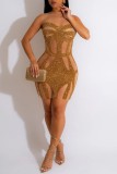 Gold Sexy Patchwork See-through O Neck Sleeveless Dress Dresses