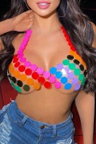 Colour Sexy Patchwork Hollowed Out Sequins Chains Backless Halter Tops