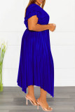 ブルーカジュアルソリッドパッチワークVネックプリーツプラスサイズドレス