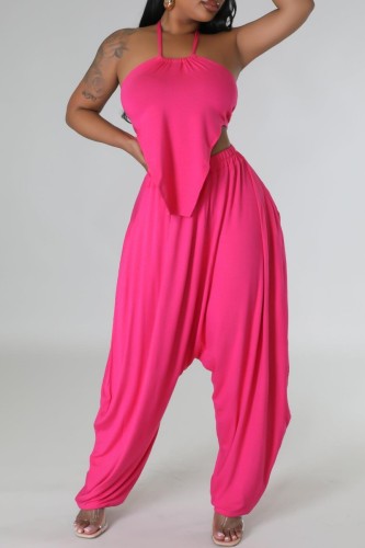 Rose Red Sexy Solid Bandage Backless Halter Sleeveless Two Pieces