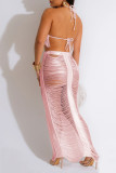 Pink Sexy Solid Tassel Hollowed Out Patchwork Halter Sleeveless Two Pieces