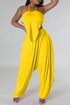 Yellow Sexy Solid Bandage Backless Halter Sleeveless Two Pieces