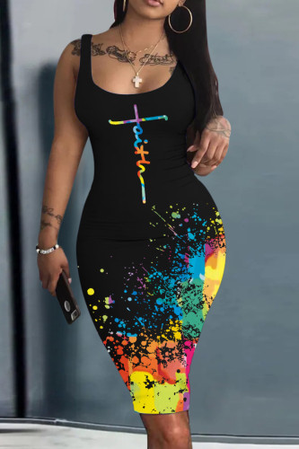 Black Casual Print Basic U Neck Vest Dress Dresses