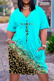 Vestido de manga curta com estampa de leopardo estampado patchwork casual
