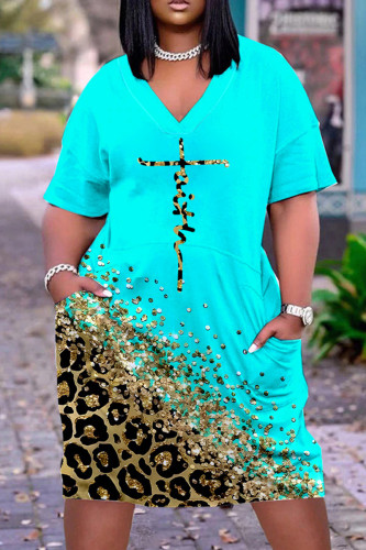 Cyan Casual Print Patchwork V Neck Short Sleeve Dress
