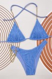 Синие сексуальные однотонные купальники с открытой спиной и уздечками в технике пэчворк (с прокладками)