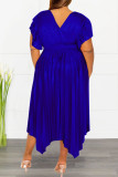 Синие повседневные однотонные плиссированные платья больших размеров в стиле пэчворк с V-образным вырезом