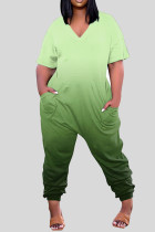 Groene casual print patchwork v-hals losse jumpsuits