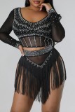 Black Sexy Patchwork See-through O Neck Long Sleeve Two Pieces Hot Drilling Tassel Crop Tops And Short Sets