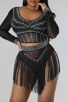 Black Sexy Patchwork Hot Drilling Tassel See-through O Neck Long Sleeve Two Pieces