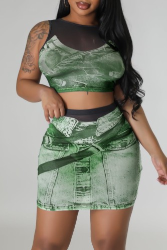 Green Sexy Casual Print Patchwork O Neck Sleeveless Two Pieces