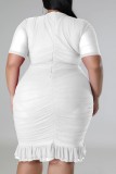 Robe blanche à manches courtes à col en V et patchwork solide sexy Robe grande taille