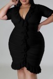 Schwarzes, sexy, solides Patchwork-Faltkleid mit V-Ausschnitt, Kurzarmkleid, Kleider in Übergröße