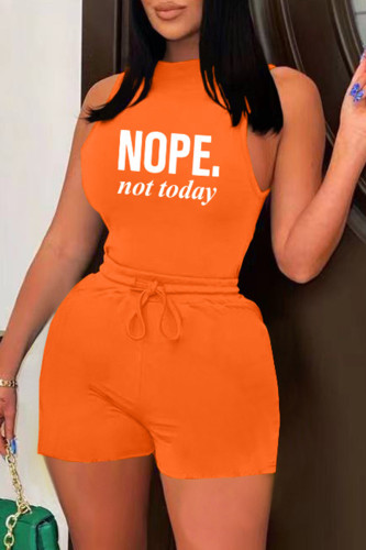 Orange Casual Letter Print Basic O Neck Sleeveless Two Pieces