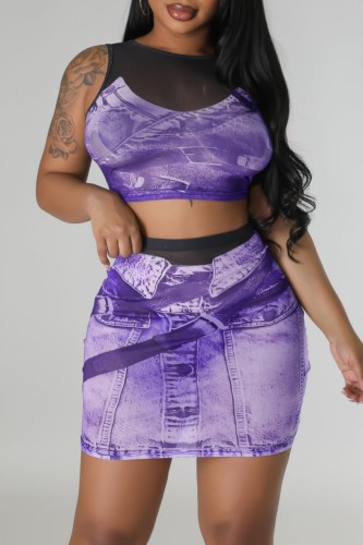 Purple Sexy Casual Print Patchwork O Neck Sleeveless Two Pieces
