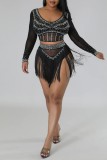 Black Sexy Patchwork See-through O Neck Long Sleeve Two Pieces Hot Drilling Tassel Crop Tops And Short Sets